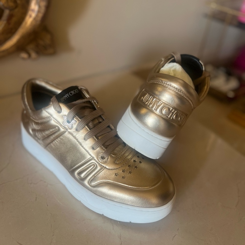 Jimmy Choo Metallic Gold Designer Leather Sneakers -